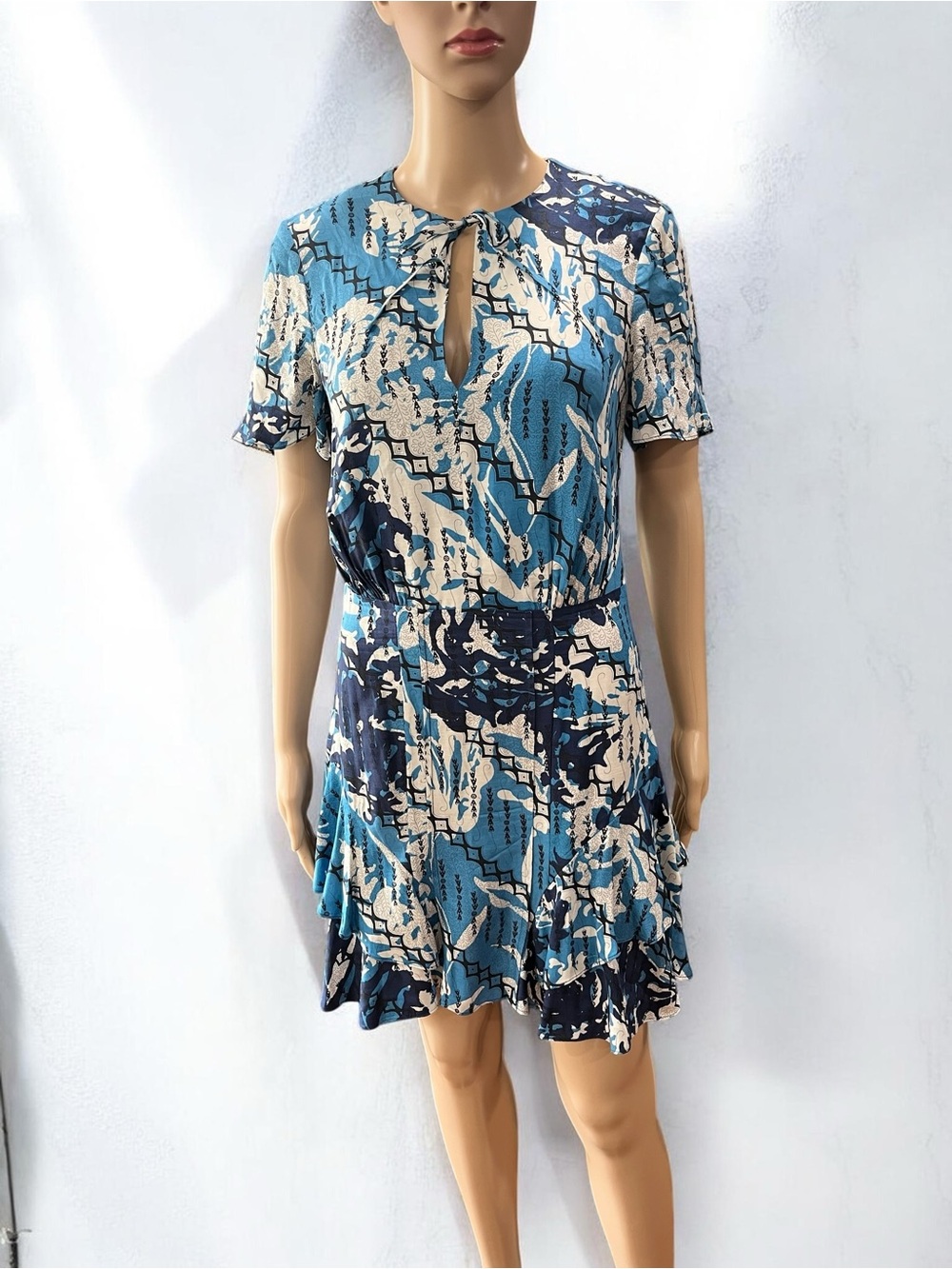 Reiss Posey Abstract Ditsy Blue Ruffled Mini Dress - Size -2
